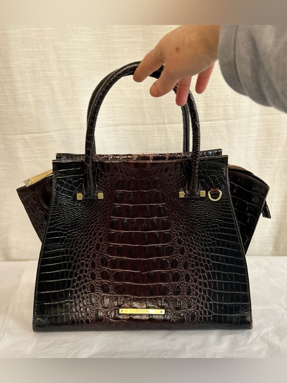 Brahmin Priscilla Classic Dark Brown Croc-Embossed Structured Satchel Handbag - Picture 5 of 16